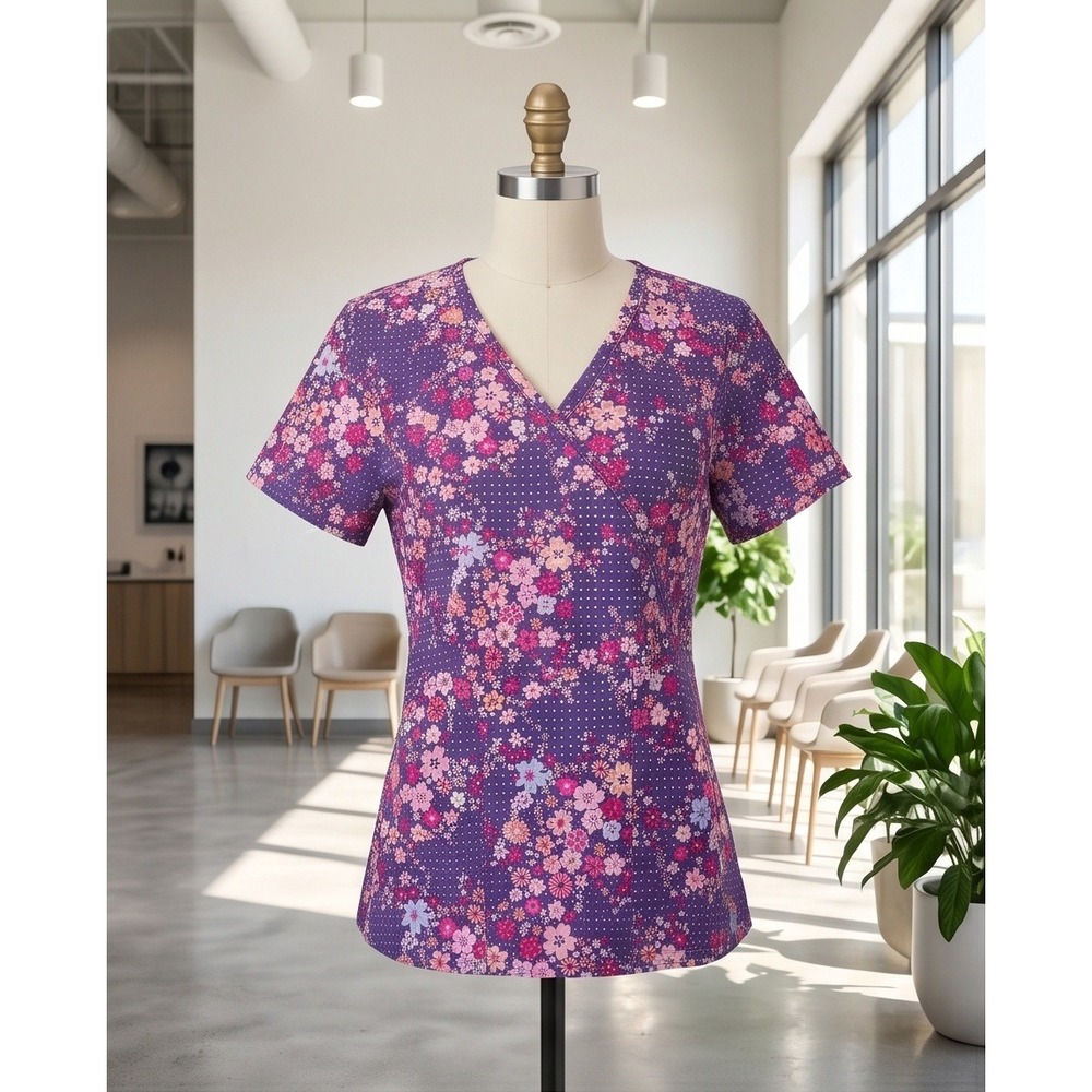 Koi Stretch M Womens Purple Floral Polka Dot Mock Wrap Scrub Top Medium